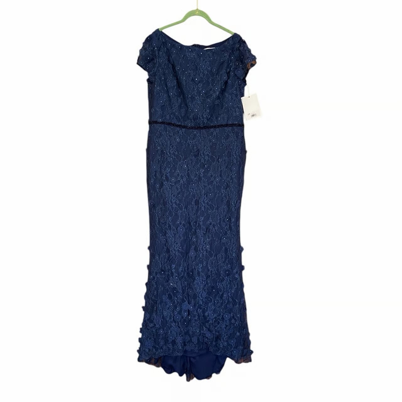 Mac Duggal NEW Sz 18 Blue Floral Applique Boat Neck Short Sleeve Gown 67711